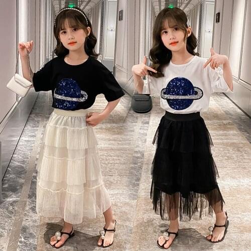 Newborn Baby Girls Clothes Set Infant Sequin Paillette Top Tee T-Shirt + Three Layers Black Tutu Tulle Long Skirts Outfits 1-12Y