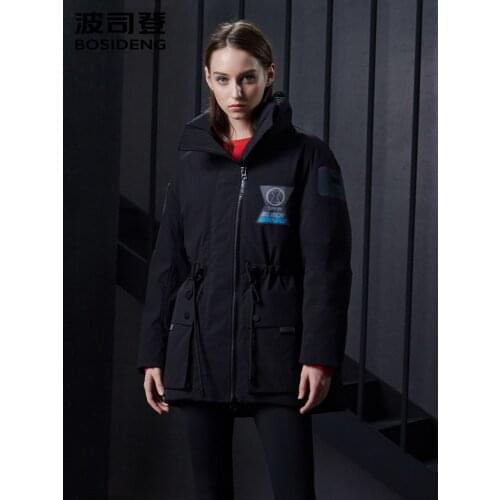 Bosideng Womens Black Down Jacket Waisted Slim Medium Long Casual Stand Collar Fashion Windproof Winter Coats B90142730D