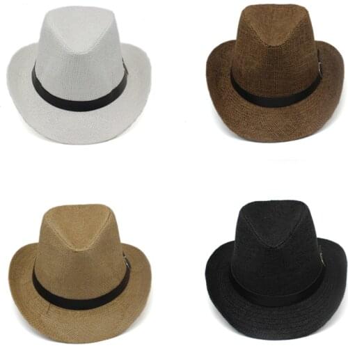 Summer paper straw Fedoras jazz hats with Belt Buckle Outdoor wide brim Beach Travel Sunhat sunshade Cowboy Hat for men women