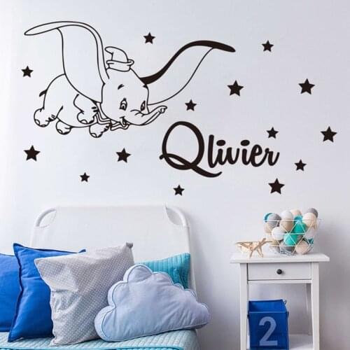 Cartoon Custom Name Dumbo Star Wall Decal Kids Room Bedroom Personalized Name Dumbo Animal Wall Sticker Nursery Vinyl Decor Y011