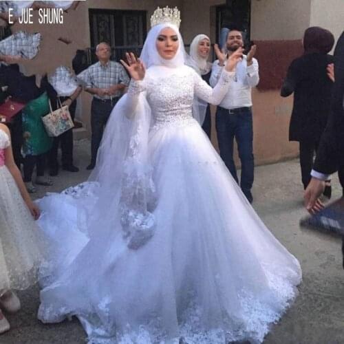 E JUE SHUNG Muslim Wedding Dresses Long Sleeves High Neck Zipper Back Appliques Beaded Arabic Bridal Dresses robe de mariee