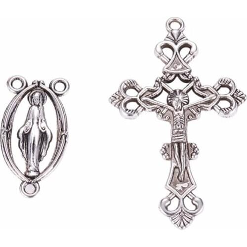 10 set Antique Silver Necklace Pendant Jesus Cross and Rosary Center Sets for Jewelry Making DIY Findings Accessories Lead Free