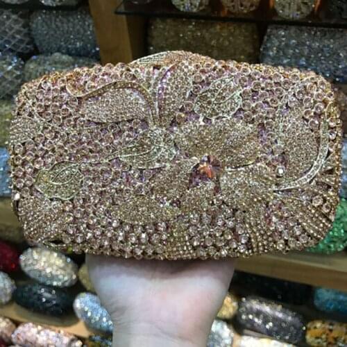 Natural Women diamond Luxury Crystal Evening Bags Bridal Wedding Clutch Purse Hardcase Gold Metal Party Shoulder Handbag