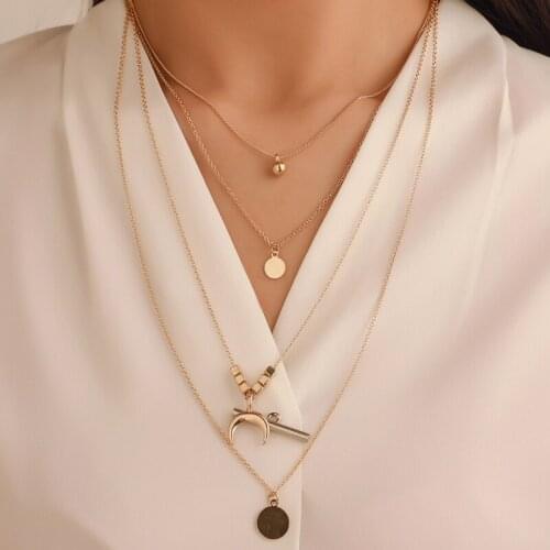 Necklace Pendants Women Multilayer Retro Boho Style Four-Layer Tassel Moon Metal Fashion Trend Simple Dating Banquet Party