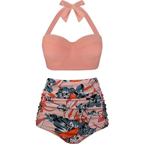 Plus Size Women Vintage Swimsuit 5XL Swimwear Polka Dot Ruched Bathing Suits Underwired Cups Halter Straps Two Pieces Bikini Set