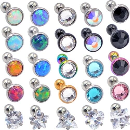 2PCS Surgical Steel Zircon Ear Tragus Helix Cartilage Opal Top Upper Ear Earring Stud Labret Fashion Piercing Body Jewelry 16g
