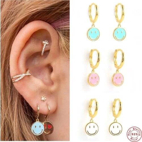 Aide 925 Sterling Silver Funny Smile Face Pendant Hoop Earrings For Women Colored Enamel Smiley Charm Circle Earrings Jewelry
