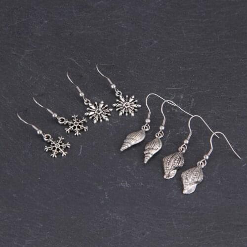 Women Bohemian Antique Silver color Metal Snowflake Sea Shell Drop Dangle Hanging Earrings Summer Holiday Party Wedding Jewelry
