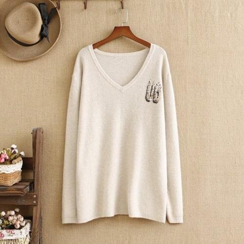 Plus Size Sweater For Women V-Neck Knitted Fabric Corsage Made Of Beaded Sequins Long Sleeve Large Size For FatLadys In Winter