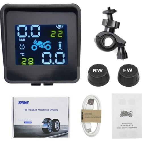 Built-in solar Motorcycle TPMS Tire PressureTemperature Monitoring System 2pcs Sensor 5V 6.2Bar USB Active Alarm Time Display