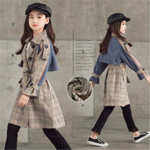 Teenager Girls Windbreaker Coat 2021 Spring Children Clothes Fashion Double Breasted Plaid Splicing Overcoat for Kids Outerwear