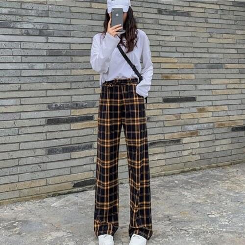Vintage Plaid Elastic Waist Long Pants Women Spring Warm Plus Size Wide Leg Pants Casual Female Korean Trousers Lady Long Pants