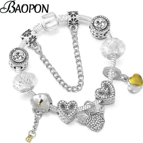 BAOPON High Quality Silver Color Snake Chain Charm Bracelet With Heart To Heart Pendant Bracelets For Women Lover Jewelry Gift