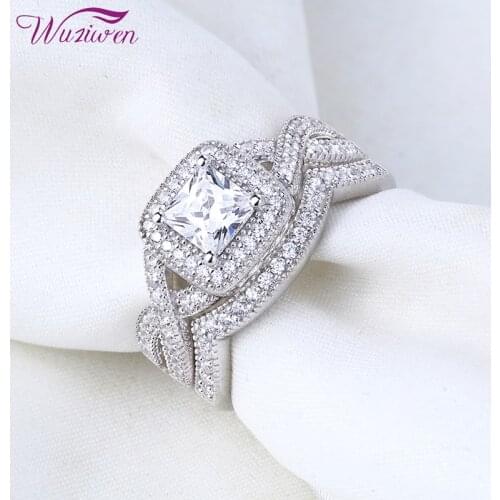 Wuziwen 2 Pieces Vintage Wedding Ring Set For Women Solid 925 Sterling Silver Bridal Rings Princess Cut AAAAA Zircon Jewelry