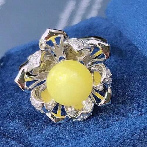 Amber wax 8mm Round Beads 925 Silver Ring Five elements, water, fire, gold, wood and Earth transport Lotus Huapo Adjustable ring