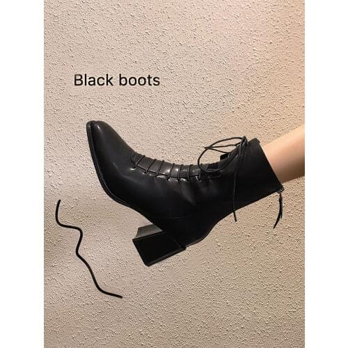 Womens boots 2020 new fall/winter front lace-up square toe thick heel side zipper mid-tube boots