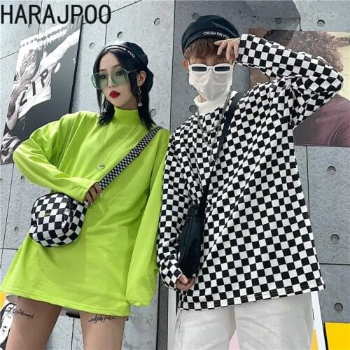 Harajpoo Women T Shirts Long Sleeveds Female Summer Korean INS Harajuku Style Wild Simple Half High Neck Stitch Bottom Tops Tide