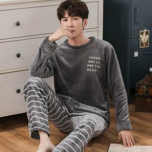 Winter Thick Warm Flannel Men Pajama Set Casual Long Sleeve Coral Velvet Sleepwear Suit Men Loungewear Homewear Clothes 2020 New