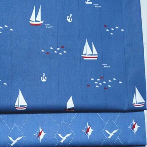 100% Cotton viaPhil Brand Navy Blue Ship Seagulls Fabric Patchwork Cloth Dress Home Decor