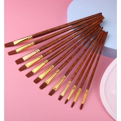 12Pcs/Set Watercolor Gouache Nylon Paint Brushes 2 Models Different Shape Round Pointed Tip Hair Painting Brush Set Art Supplies