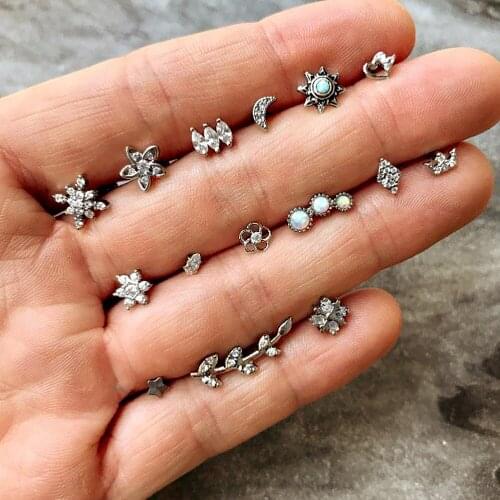 14 Pcs/Set Geometric Flowers Moon Heart Crown Crystal Gem Stud Earrings Set Bohemian Womens Fashion Jewelry Accessories