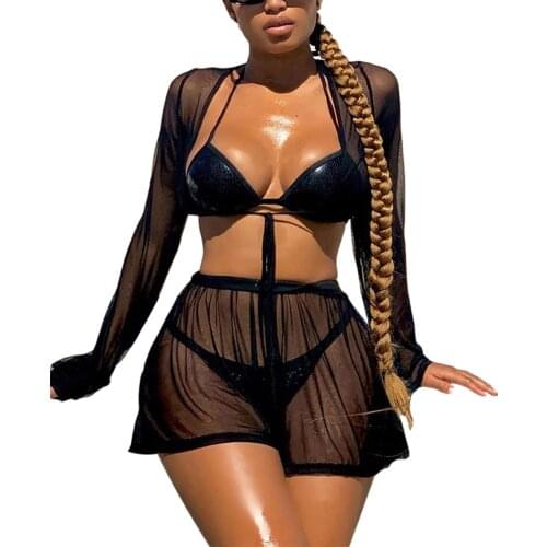 2021 Sexy Women Bikini Cover Up Suit Solid Color Perspective Long Sleeve Crop Top with Shorts Summer Swimwear Bikinis Cover