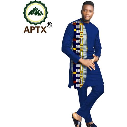 African Clothes For Men Rich Bazin Bicolor Design Colorful Robe Crew Neck Long Sleeve Casual Solid Color Shirts and Pants Sets