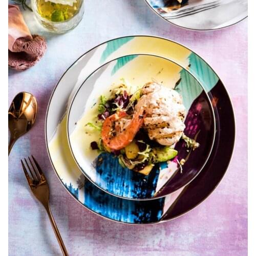 Watercolor Art Ceramic Plates Nordic Creative Personality Steak Western Food Dessert Pasta Snacks Round Durable Ceramic Plates