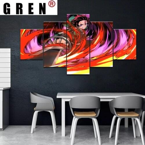 GREN Canvas Painting 5 Panels Japan Anime Boy Picture Kamado Tanjirou Demon Slayer Poster Animation Art Wall Home Decor Painting