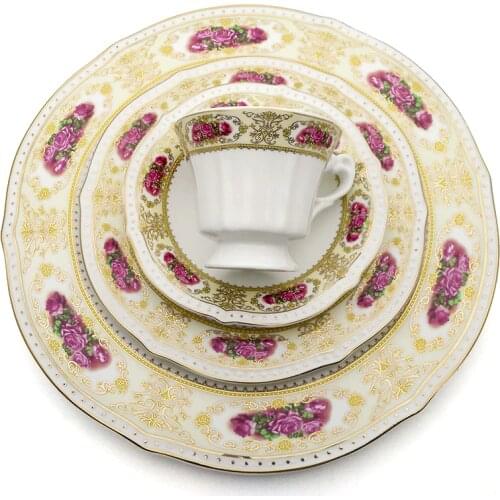 Ceramic Cutlery Dinner Plate Cup And Saucer Vajilla Tableware Set Bestek Golden Edge Steak Plate Flat Plate Dinner Tray 8/12inch