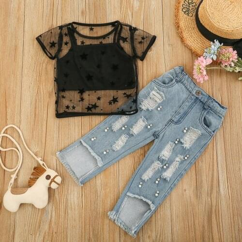 2021 New Baby Girls Clothes Set Summer Children Sleeveless Ruffle Cami Tops and Ripped Denim Shorts Fashion Kids Outfits 1-6Y