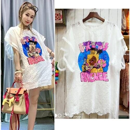 Summer Woman Oversize Long Tees Tops Cartoon Print Lace Casual Dresses Ladies Luxury Diamonds Beaded Streetwear Tees NS718