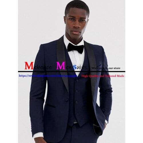 Mens Suits Classic Dark Blue Formal Business 3 Pieces Fashion Shawl Lapel Wedding Groom Tuxedo Male Blazer (Jacket+Vest+Pants)