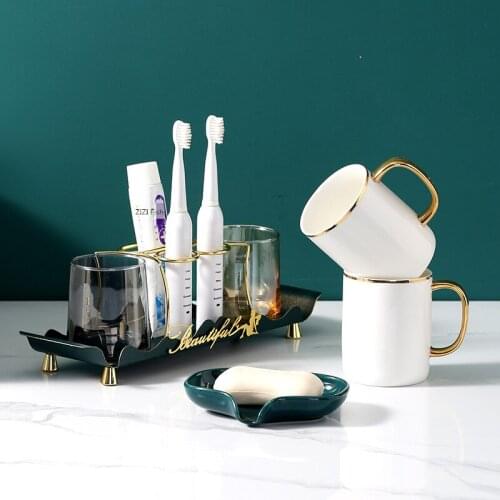 Phnom Penh Bathroom Cup Set Toothbrush Holder Glass Mouthwash Cup Stainless Steel Storage Tray Bathroom Decoration Accessories