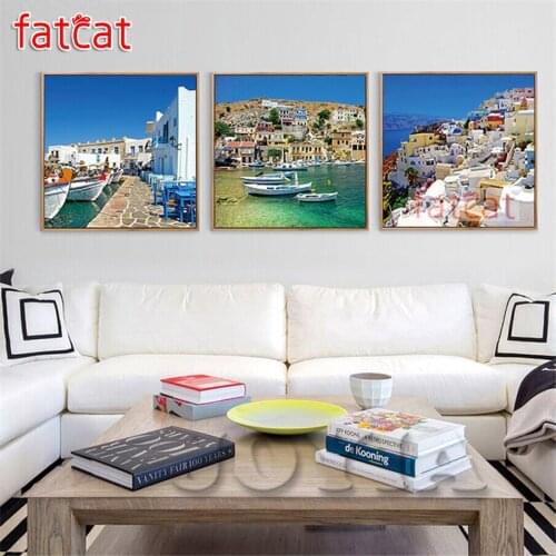 FATCAT 5d diy diamond painting seaside town scenery full square round drill diamond embroidery kit triptych home decor AE2640