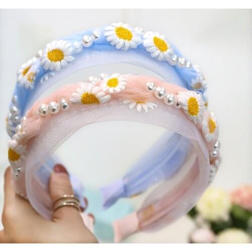 Girls Embroidery Daisy Lace Pearls Headbands For Women Hairband Hair Hoops Korean Fashion Hair Accessories