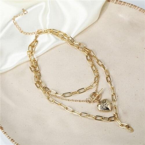 Punk Gold Silver Color Multi Layers Cuban Link Chain Necklace Open Heart Pendant Choker Necklaces For Women