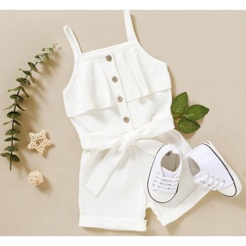 Summer Baby Girls Cotton Sleeveless Sling Solid Color Single-Breasted Rompers One-Pieces