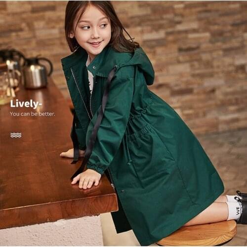 Autumn Children Outwear Windbreaker Jacket For Girls Solid Elastic Waist Hooded Cotton Warm Mid-length Jacket For Children 4-15Y
