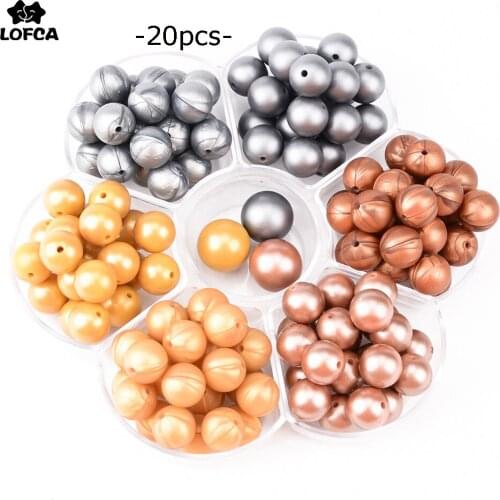LOFCA 20PCS 12mm/15mm/19mm Silicone Beads Metallic Silver/Glod/copper Print Teething Beads Chewable Colorful For Baby Round