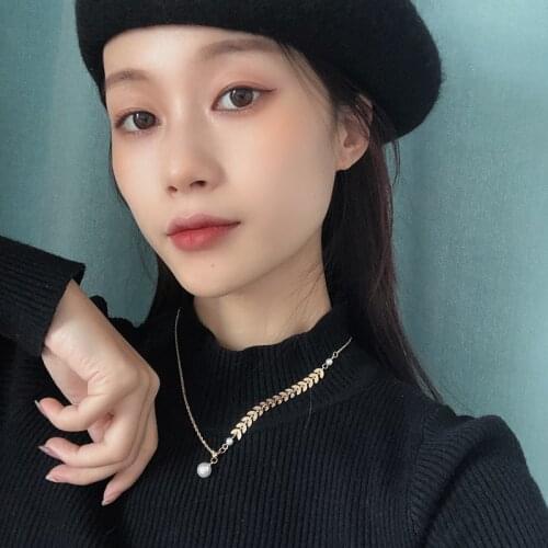 TIMEONLY Temperament Korea Gold Color Wheat Ears Asymmetric Necklaces for Women Thin Chain Imitation Pearl Chokers Necklace