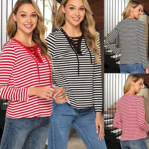 Women Running T-shirt Fashion Black White Striped V-neck Loose Tee Shirt Elastic Long-sleeved T-shirt Female Casual Top Femme