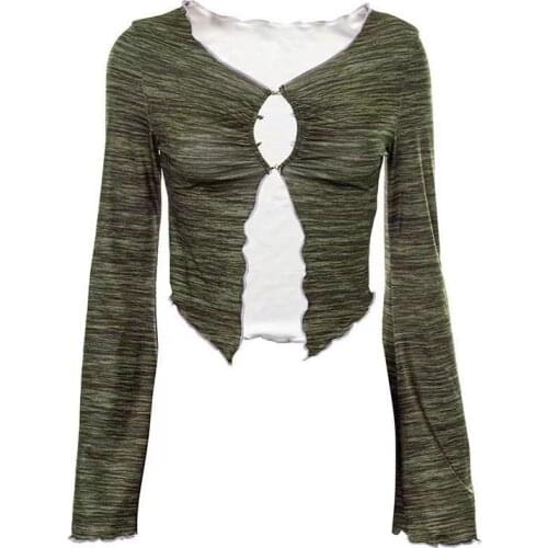 2021 Summer Pastel Goth Y2K Deep V-Neck Flare Sleeve Patchwork T-shirts Sexy Outfits Aesthetics Bandage Black Mesh Crop Tops