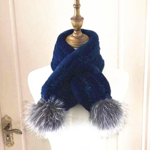 Women Scarf Winter Fashion Warm Muffler 100% Natural Rex Rabbit Fur with Sliver Fox fur pom poms Good-Quality Fur Neckerchief