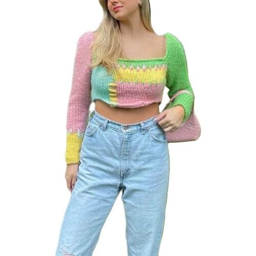 Women Knit Crop Tops, Adults Autumn Color Block Long Sleeve Square Collar Sweater