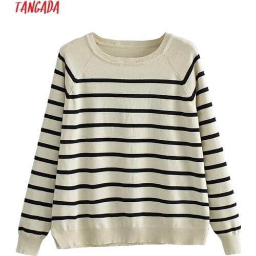 Tangada Women 2021 Autumn Winter Striped Knitted Sweater Jumper Female Oversize Pullovers Chic Tops AI90