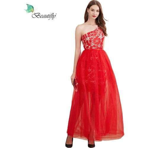 Beautifly 2019 New Tulle&Lace Red Dress Prom Party Sleeveless One-Shoulder Floor-Length Celebrity Dresses