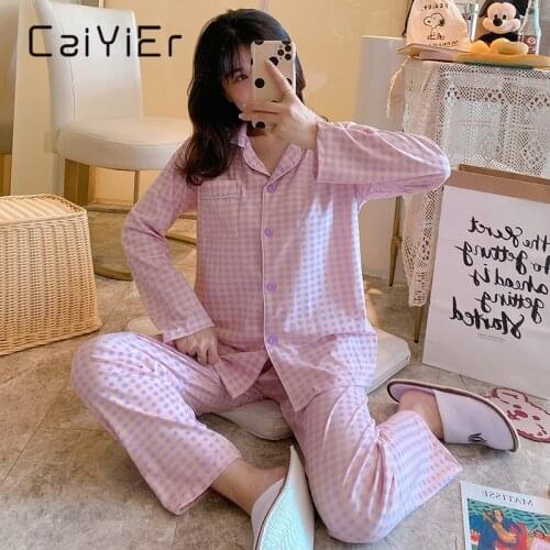 CAIYIER Winter Women Fashion Sleepwear Purple Grid Lapel Cardigan Girl Long Sleeve Leisure Pajamas Loose Nightwear Homewear Suit