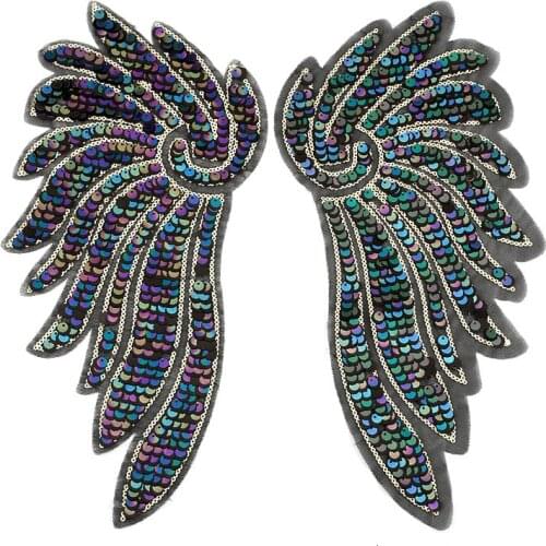 1Pair Large Blue Angel Wings Sequin Patches for Clothes Sew On Appliques For Jacket Embroidery Decorative Supplies Crafts