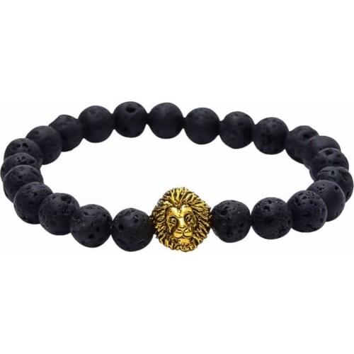 2018 Hotsale Gold Charm Buddha Head Hand Bracelet Natural Black Lava Stone Beaded Lion Bracelet for Men Jewelry Pulseras Hombre